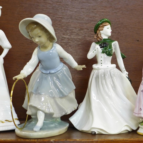 601 - Seven figures, two Coalport, two Spode, two continental figures and a Nao figure