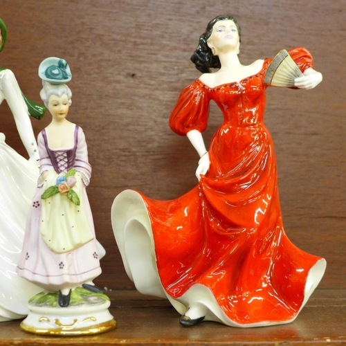 601 - Seven figures, two Coalport, two Spode, two continental figures and a Nao figure