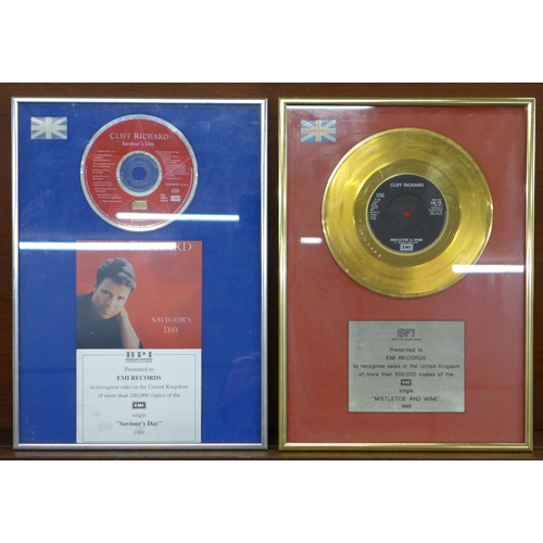 608 - Two Cliff Richard original EMI promotional awards gold discs, Mistletoe and Wine and Saviour's Day