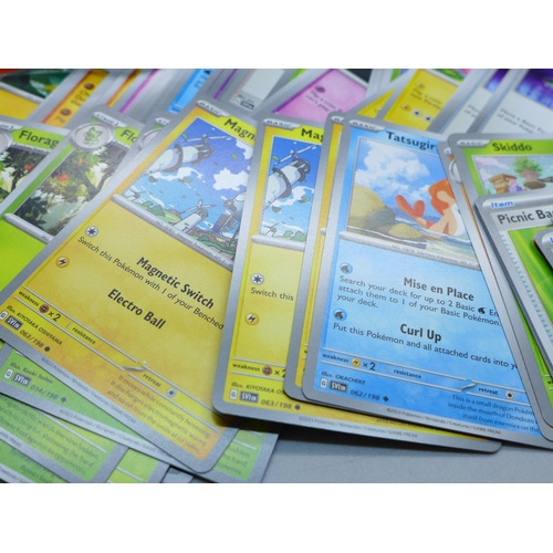 631 - 300 Pokemon cards from Scarlet and Violet set with dice, coins and collectors box