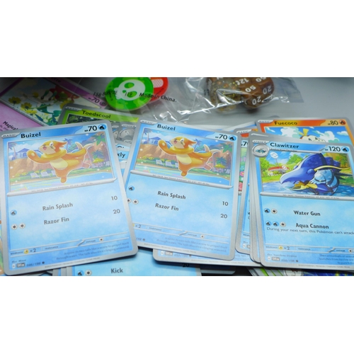 633 - 300 Pokemon cards from sets Scarlet and Violet, Paldea Evolved and Obsidian Hames with dice, coins a... 