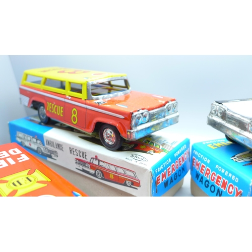 638 - Four Emergency Wagon tin-plate toys, Police, Fire, Rescue and Ambulance, boxed