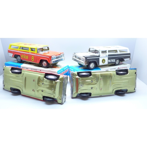 638 - Four Emergency Wagon tin-plate toys, Police, Fire, Rescue and Ambulance, boxed