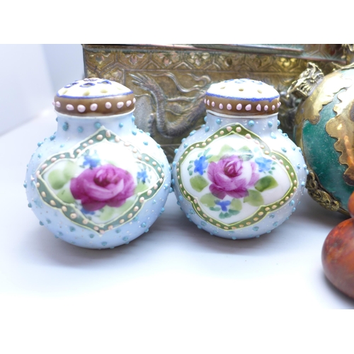 642 - An oriental box, four bottles and two ceramic hand painted ceramic globular peppers
