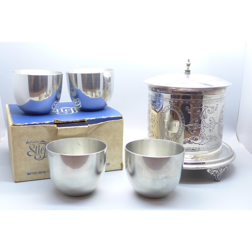 645 - Four The Kirk Stieff Co., Baltimore 'The Jefferson Cup' pewter cups, two boxed and a silver plated t... 