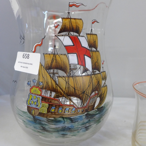 658 - A 1960s glass lemonade set with tall masted ship transfer printed decoration to the jug