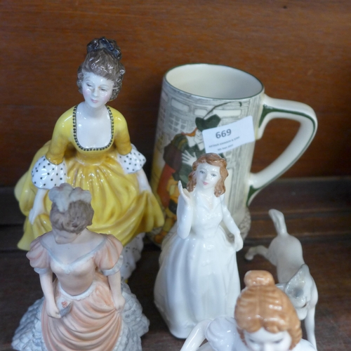 669 - A collection of figures, mainly Royal Doulton including two Dickens characters and also a Royal Doul... 