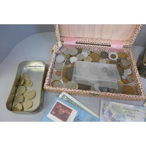 687 - A collection of coins and banknotes, 19th Century to Queen Elizabeth II, with five some silver coins... 