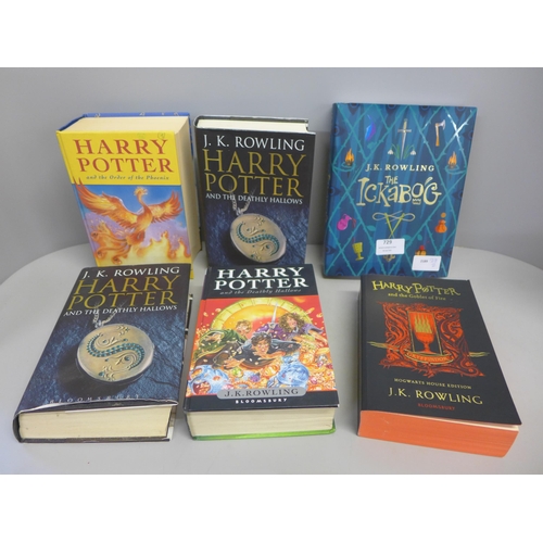 729 - Five first edition Harry Potter books including two Deathly Hallows, also The Ickabog