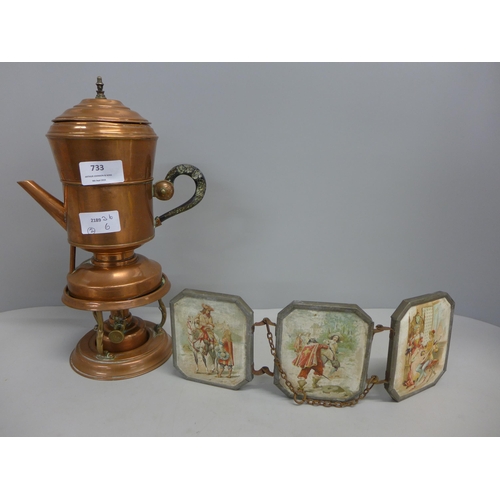 733 - A French travel mirror and a copper spirit kettle and stand