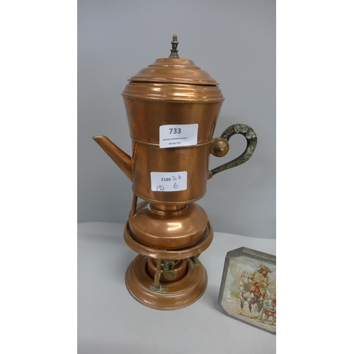 733 - A French travel mirror and a copper spirit kettle and stand