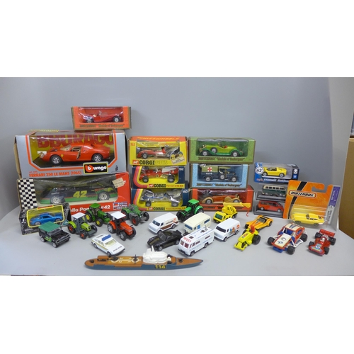 736 - A box of die-cast model vehicles, Burago, Corgi, Matchbox, etc.