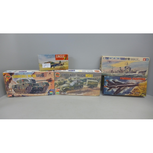 745 - Five military model kits; two Airfix, a Tamiya, Aurora and Eaglewall plastics