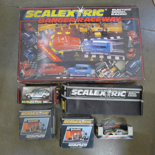 758 - A Scalextric Banger Raceway set, additional cars and accessories