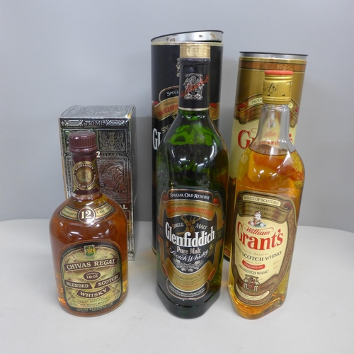 767 - Three bottles of whisky; Glenfiddich, Chivas Regal and Grants, all boxed