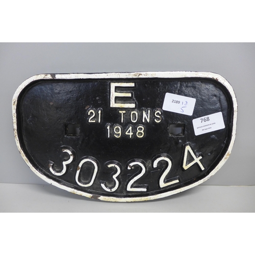 768 - A railway engine plaque, 303224, 21 Tons, 1948