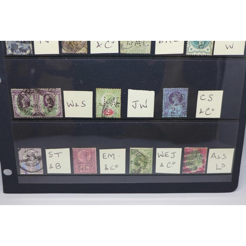 793 - Stamps; double sided stock sheet of Queen Victoria and Edward VII perfins including high value stamp... 