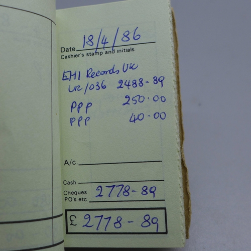 794 - Beatles interest; George Harrison original cheque book stub 1985-88 includes stubs for Eric Clapton,... 