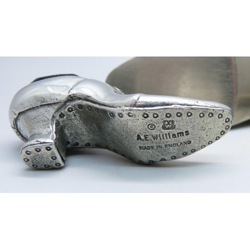 829 - Three novelty pewter pin cushion shoes