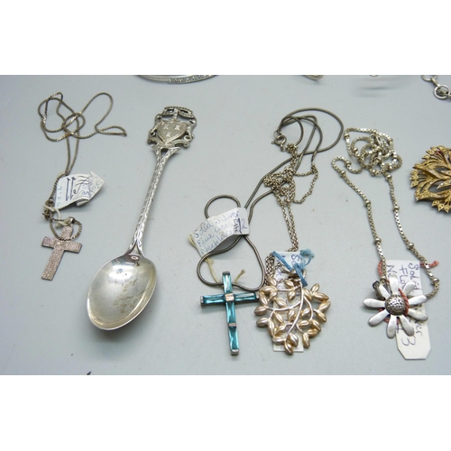 844 - Five silver pendants and chains, two hardstone pendants on silver chains, a silver necklace, a silve... 