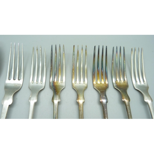 848 - A 700 silver fork, marked 70, a German 800 silver spoon marked Dahmen and six silver plated forks, s... 