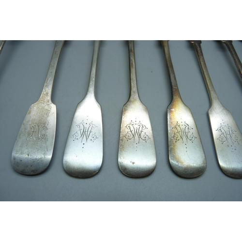 848 - A 700 silver fork, marked 70, a German 800 silver spoon marked Dahmen and six silver plated forks, s... 