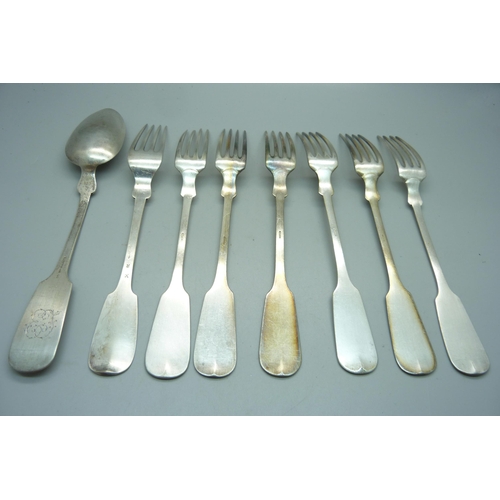 848 - A 700 silver fork, marked 70, a German 800 silver spoon marked Dahmen and six silver plated forks, s... 