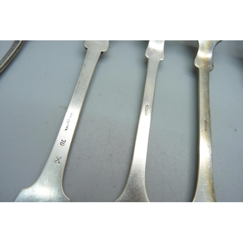 848 - A 700 silver fork, marked 70, a German 800 silver spoon marked Dahmen and six silver plated forks, s... 