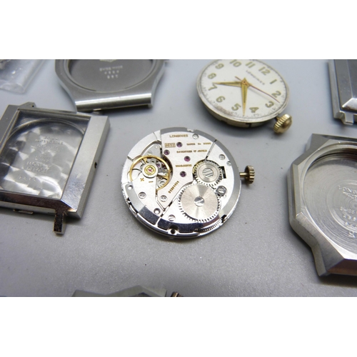 861 - A collection of Longines watch movements, cases and dials