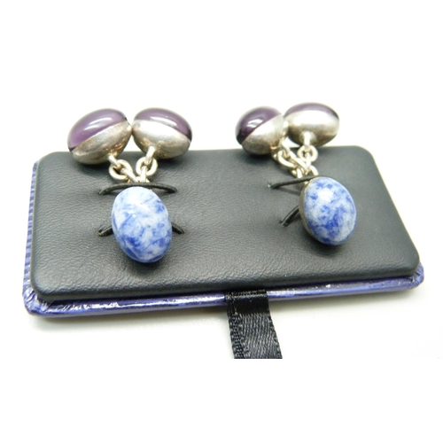 888 - A pair of Babette Wasserman gem set silver cufflinks