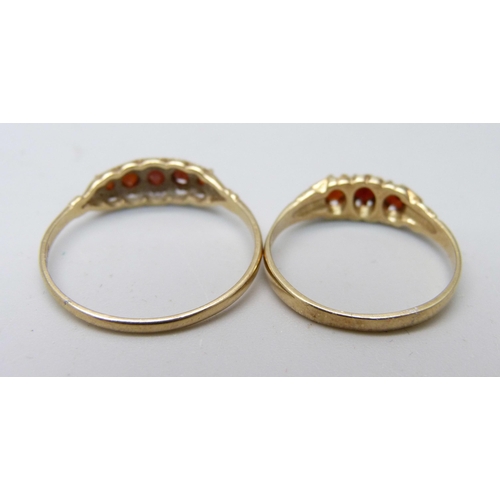 898 - Two 9ct gold and garnet rings, 3.2g, O and V