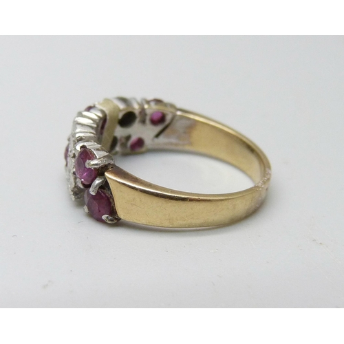 900 - A 9ct gold, ruby and diamond ring, 3.5g, M