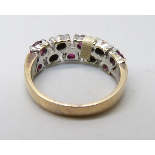 900 - A 9ct gold, ruby and diamond ring, 3.5g, M