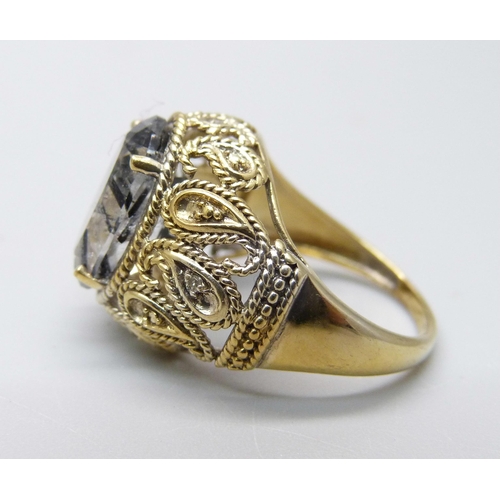 936 - A silver gilt rutile quartz and four diamond accent ring, O/P