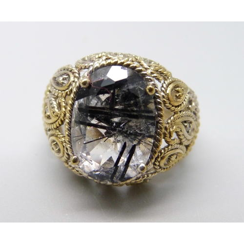 936 - A silver gilt rutile quartz and four diamond accent ring, O/P