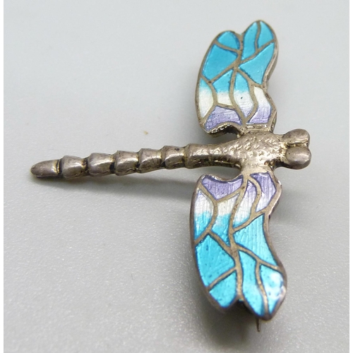 950 - A silver and enamel dragonfly brooch and a silver and mother of pearl dragonfly pendant and chain