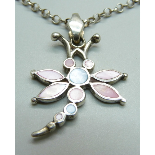 950 - A silver and enamel dragonfly brooch and a silver and mother of pearl dragonfly pendant and chain