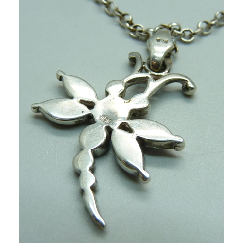 950 - A silver and enamel dragonfly brooch and a silver and mother of pearl dragonfly pendant and chain