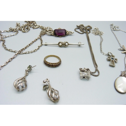 953 - Five silver pendants and chains, a silver necklet, two other pendant and chains, one silver ring, et... 