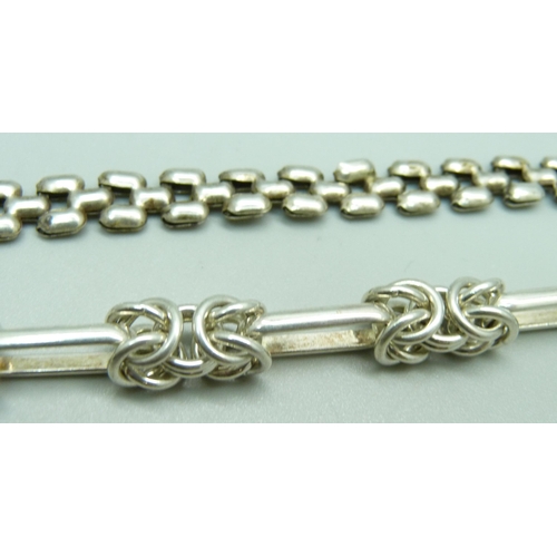 954 - Two silver bracelets, 34g, 17.5cm and 19cm