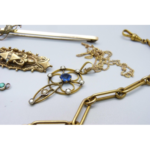 956 - A gold plated double Albert chain and other gold tone jewellery