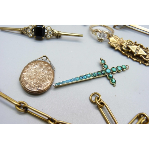 956 - A gold plated double Albert chain and other gold tone jewellery