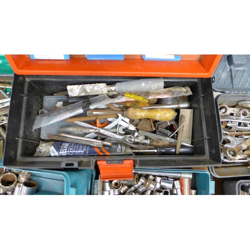 2008 - Five plastic toolboxes with assorted tools mainly spanners and sockets