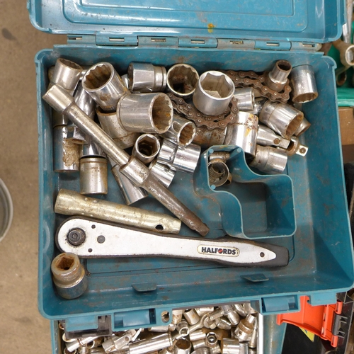 2008 - Five plastic toolboxes with assorted tools mainly spanners and sockets