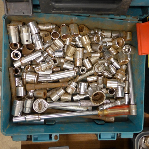 2008 - Five plastic toolboxes with assorted tools mainly spanners and sockets