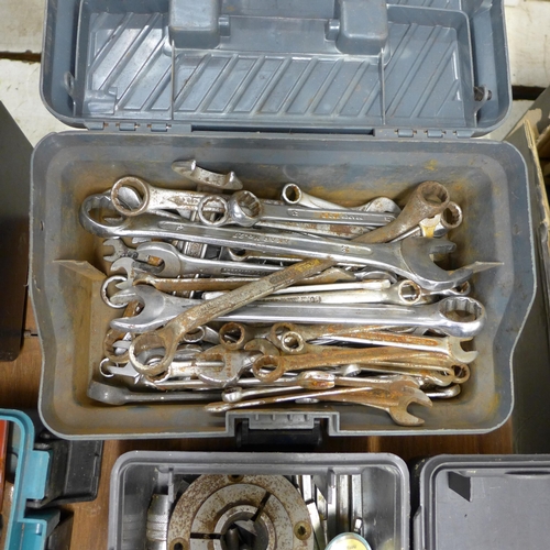 2008 - Five plastic toolboxes with assorted tools mainly spanners and sockets