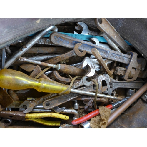 2018 - A metal toolbox and a basket of tools including spanners, hammers, pliers etc