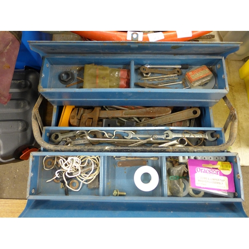 2018 - A metal toolbox and a basket of tools including spanners, hammers, pliers etc