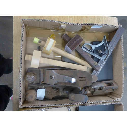 2052 - 2 Boxes of woodworking tools inc. Record no. 04 and no. 077 wood planes, brace, drills, scribes, etc... 