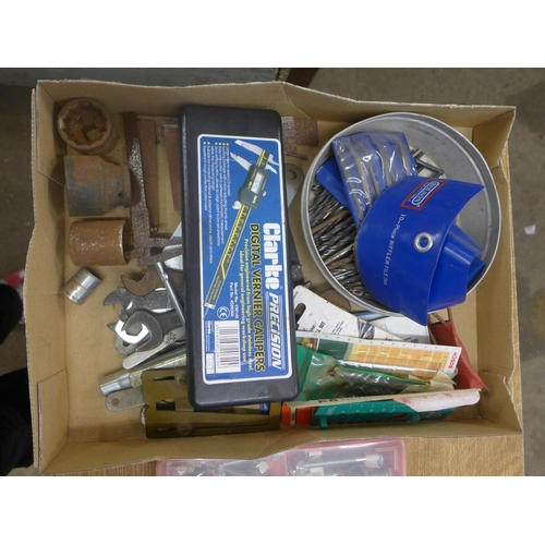 2053 - 2 Boxes of assorted tools and consumables, screws, nuts and bolts, spannes, files, drill bits, set s... 